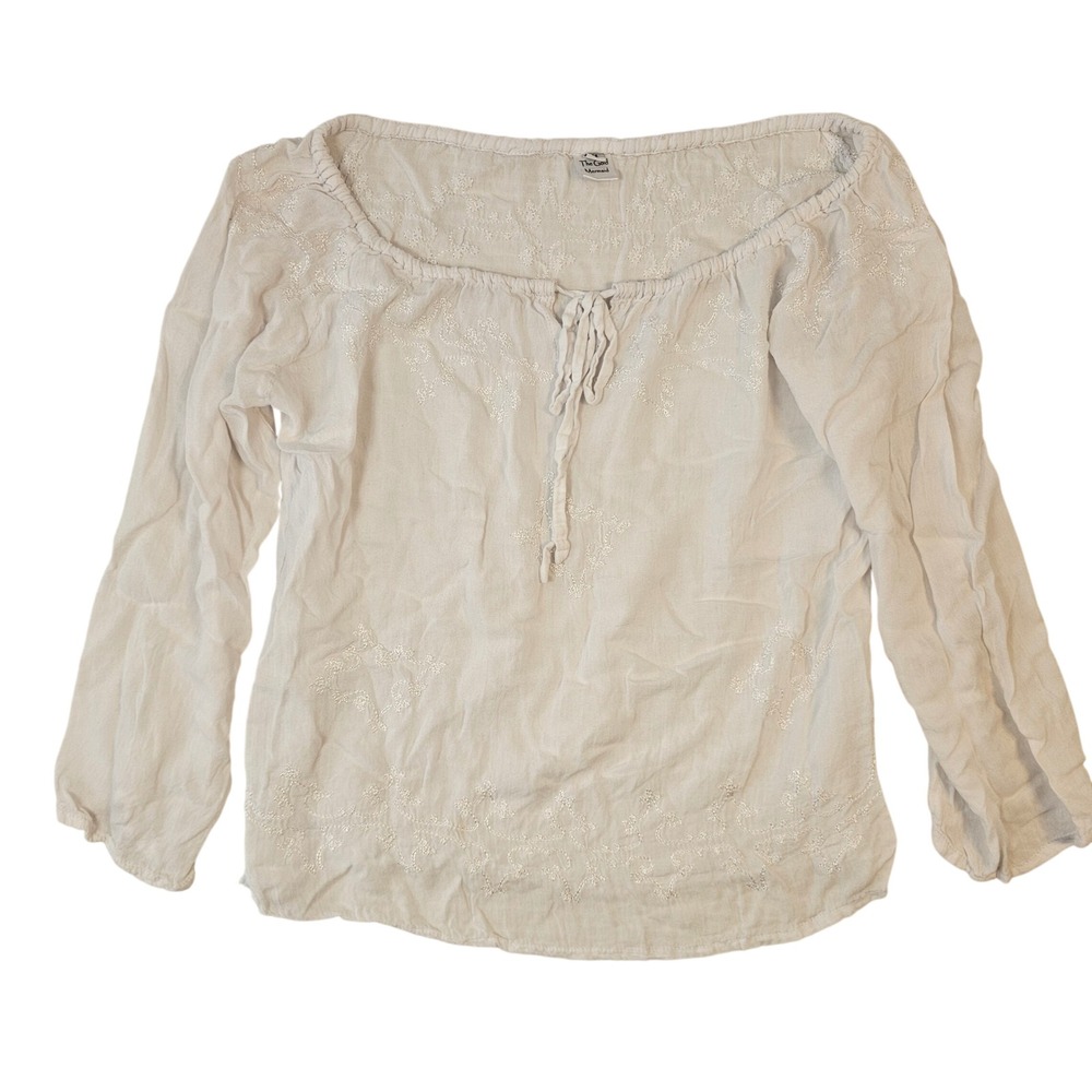 The Gold Mermaid White Embroidered Peasant Blouse Boho Off Shoulder Top Medium